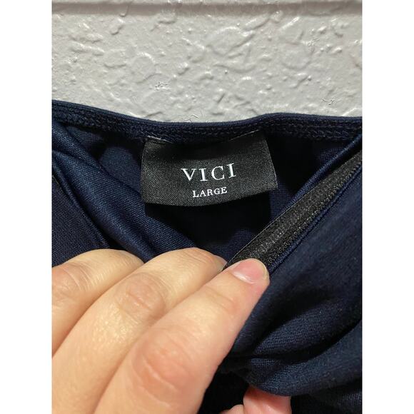 VICI Libby Stapless Cutout Ruffle Midi Dress Size L Dark Blue Glam Occasion - Picture 5 of 7